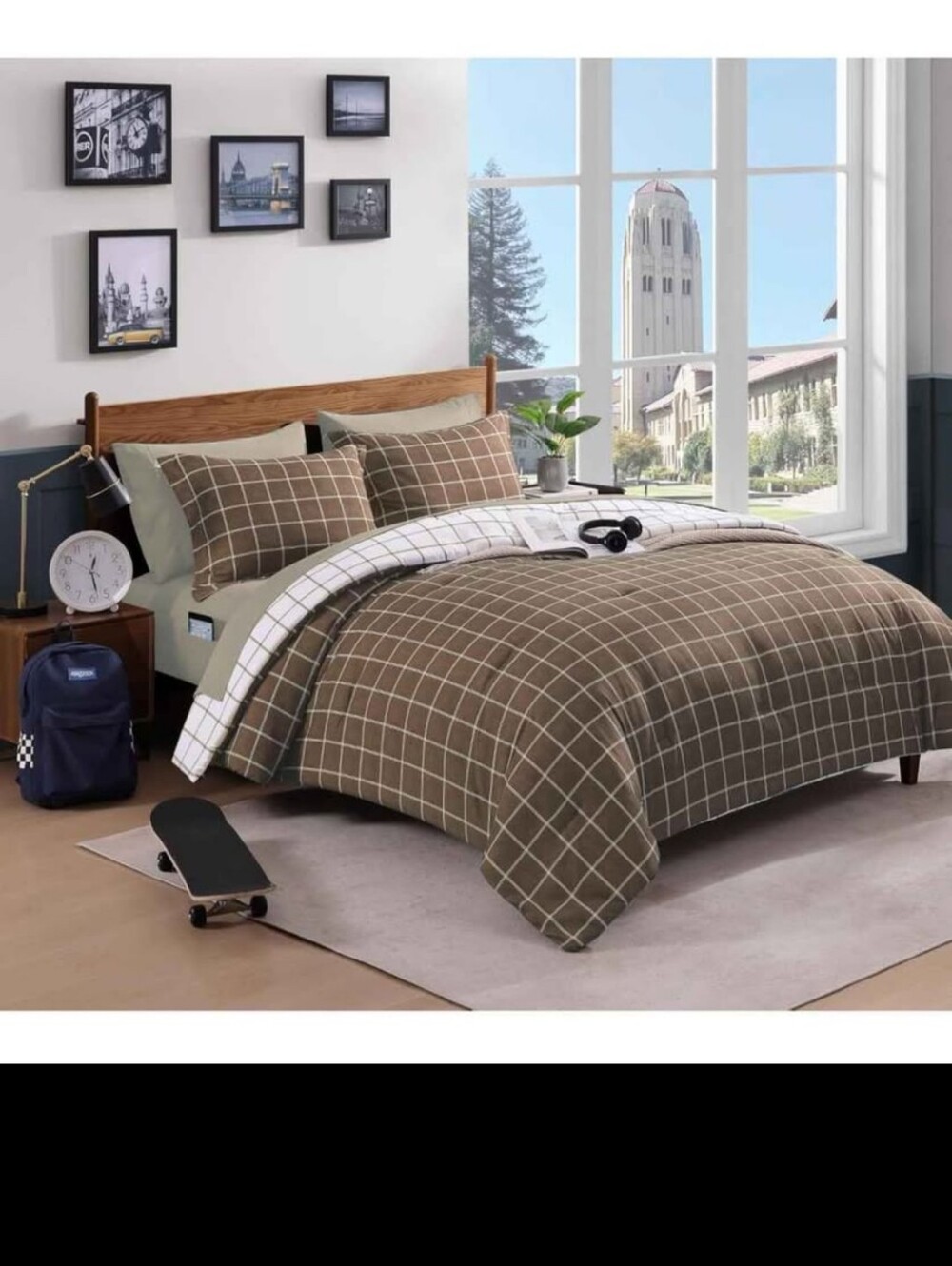 Plaid Twin XL Comforter Set Brown, Reversible Checkered Bedding Set 2Pieces new